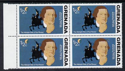 Grenada 1976 USA Bicentenary 1/2c (Paul Revere) marginal block of 4, one stamp with large flaw in background (R5/2) unmounted mint, stamps on , stamps on  stamps on constitutions     history  personalities      americana, stamps on  stamps on masonics, stamps on  stamps on masonry