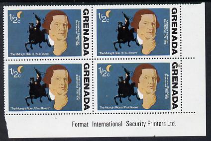 Grenada 1976 USA Bicentenary 1/2c (Paul Revere) corner block of 4, one stamp with small halo flaw in background (R10/4) unmounted mint, stamps on , stamps on  stamps on constitutions   history  personalities     americana, stamps on  stamps on masonics, stamps on  stamps on masonry