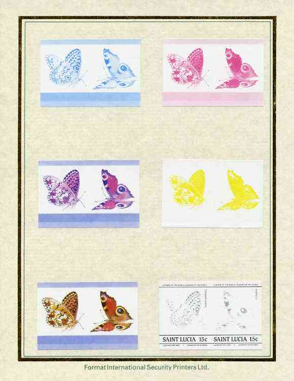 St Lucia 1985 Butterflies (Leaders of the World) 15c set of 7 imperf progressive proof pairs comprising the 4 individual colours plus 2, 3 and all 4 colour composites mounted on special Format International cards (as SG 781a), stamps on , stamps on  stamps on butterflies