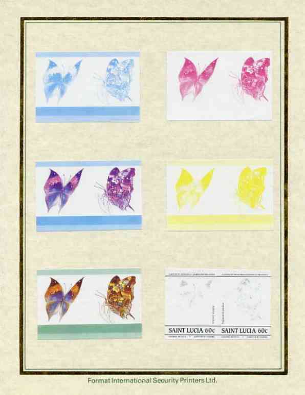 St Lucia 1985 Butterflies (Leaders of the World) 60c set of 7 imperf progressive proof pairs comprising the 4 individual colours plus 2, 3 and all 4 colour composites mounted on special Format International cards (as SG 785a), stamps on , stamps on  stamps on butterflies