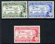 St Kitts-Nevis 1958 British Caribbean Federation set of 3 fine used, SG 120-22, stamps on maps