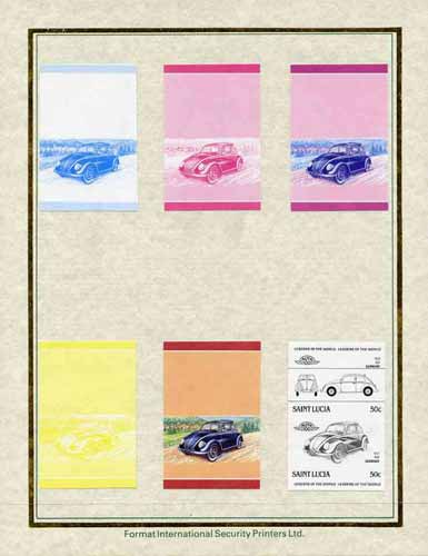 St Lucia 1985 Cars #3 (Leaders of the World) 50c VW KdF set of 7 imperf progressive proof pairs comprising the 4 individual colours plus 2, 3 and all 4 colour composites ..., stamps on cars, stamps on  vw , stamps on 