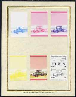 Tuvalu 1985 Cars #2 (Leaders of the World) 20c Detroit Electric Brougham set of 7 imperf progressive proof pairs comprising the 4 individual colours plus 2, 3 and all 4 colour composites mounted on special Format International cards (7 se-tenant proof pairs as SG 323a), stamps on cars