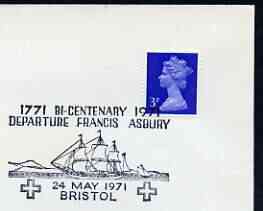 Postmark - Great Britain 1971 cover bearing illustrated cancellation for Bicentenary of Departure of Francis Asbury (Father of American Methodism) showing Sailing Ship, stamps on , stamps on  stamps on religion, stamps on  stamps on churches, stamps on  stamps on ships