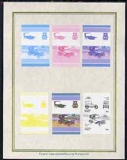 Tuvalu - Nanumea 1986 Cars #3 (Leaders of the World) 50c Peugeot B\8Eb\8E set of 7 imperf progressive proof pairs comprising the 4 individual colours plus 2, 3 and all 4 colour composites mounted on special Format International cards (7 se-tenant proof pairs), stamps on cars    peugeot