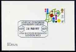 Postmark - Great Britain 1977 card bearing special cancellation for Royal Institute of Chemistry Annual Conference, stamps on chemistry, stamps on science