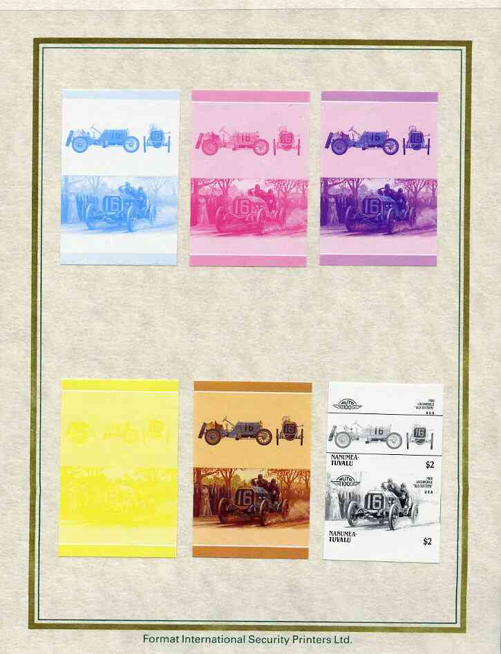 Tuvalu - Nanumea 1986 Cars #3 (Leaders of the World) $2 Locomobile 'Old Sixteen' set of 7 imperf progressive proof pairs comprising the 4 individual colours plus 2, 3 and all 4 colour composites mounted on special Format International cards (7 se-tenant proof pairs), stamps on , stamps on  stamps on cars