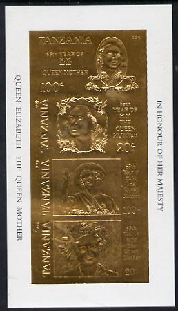 Tanzania 1985 Life & Times of HM Queen Mother imperf souvenir sheet containing the set of 4 values inscribed 'HM the Queen Mother', embossed in 22k gold foil unmounted mint, stamps on , stamps on  stamps on royalty, stamps on queen mother