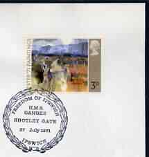 Postmark - Great Britain 1971 cover bearing illustrated cancellation for HMS Ganges, Freedom of Ipswich, stamps on ships