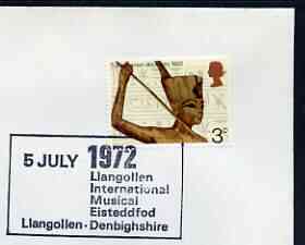 Postmark - Great Britain 1972 cover bearing special cancellation for Llangollen International Musical Eisteddfod (5 July), stamps on music