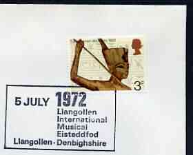 Postmark - Great Britain 1972 cover bearing special cancellation for Llangollen International Musical Eisteddfod (5 July), stamps on , stamps on  stamps on music