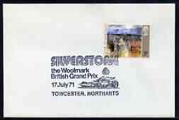 Postmark - Great Britain 1971 cover bearing illustrated cancellation for Silverstone the Woolmark British Grand Prix, stamps on , stamps on  stamps on cars, stamps on  stamps on racing cars, stamps on  stamps on  f1 , stamps on  stamps on sport, stamps on  stamps on wool, stamps on  stamps on textiles