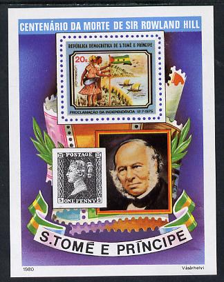 St Thomas & Prince Islands 1980 Rowland Hill imperf m/sheet (Penny Black) unmounted mint, stamps on postal, stamps on stamp on stamp, stamps on flags     rowland hill, stamps on stamponstamp