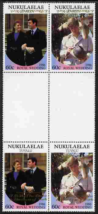 Tuvalu - Nukulaelae 1986 Royal Wedding (Andrew & Fergie) 60c with 'Congratulations' opt in gold in unissued perf inter-paneau block of 4 (2 se-tenant pairs) with overprint inverted on one pair unmounted mint from Printer's uncut proof sheet, stamps on royalty, stamps on andrew, stamps on fergie, stamps on 