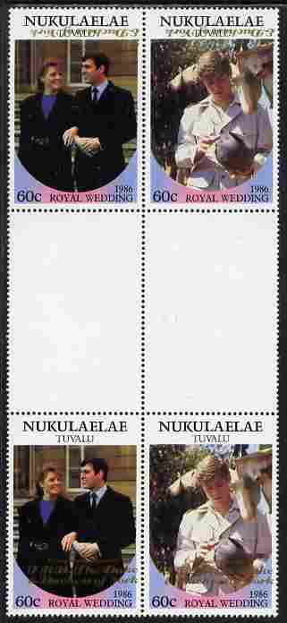 Tuvalu - Nukulaelae 1986 Royal Wedding (Andrew & Fergie) 60c with Congratulations opt in gold in unissued perf inter-paneau block of 4 (2 se-tenant pairs) with overprint ..., stamps on royalty, stamps on andrew, stamps on fergie, stamps on 