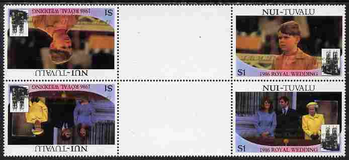 Tuvalu - Nui 1986 Royal Wedding (Andrew & Fergie) $1 with Congratulations opt in gold in unissued perf tete-beche inter-paneau block of 4 (2 se-tenant pairs) unmounted mi..., stamps on royalty, stamps on andrew, stamps on fergie, stamps on 