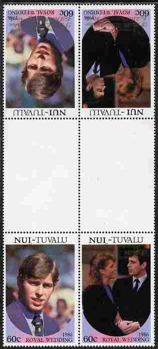 Tuvalu - Nui 1986 Royal Wedding (Andrew & Fergie) 60c with 'Congratulations' opt in gold in unissued perf tete-beche inter-paneau block of 4 (2 se-tenant pairs) with overprint inverted on one pair unmounted mint from Printer's uncut proof sheet, stamps on royalty, stamps on andrew, stamps on fergie, stamps on 
