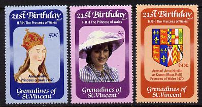 St Vincent - Grenadines 1982 Princess Dis 21st Birthday set of 3 unmounted mint (SG 229-31), stamps on royalty    diana