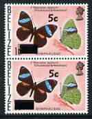Belize 1976 Butterfly 5c on 15c (Nessaea aglaura) with obliterating rectangle incomplete plus normal unmounted mint, SG 448var, stamps on butterflies