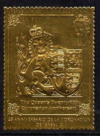 Equatorial Guinea 1978 Coronation 25th Anniversary 500ek embossed in gold foil (perf) unmounted mint, stamps on , stamps on  stamps on arms, stamps on  stamps on heraldry    royalty      coronation