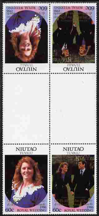 Tuvalu - Niutao 1986 Royal Wedding (Andrew & Fergie) 60c with 'Congratulations' opt in gold in unissued perf tete-beche inter-paneau block of 4 (2 se-tenant pairs) unmounted mint from Printer's uncut proof sheet, stamps on , stamps on  stamps on royalty, stamps on  stamps on andrew, stamps on  stamps on fergie, stamps on  stamps on 