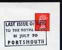 Postmark - Great Britain 1970 cover bearing special cancellation for Last Issue of Rum to the Royal Navy (Portsmouth), stamps on militaria, stamps on alcohol