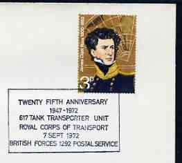 Postmark - Great Britain 1972 cover bearing special cancellation for 25th Anniversary 617 Tank Transporter Unit (BFPS), stamps on militaria, stamps on tanks