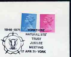Postmark - Great Britain 1971 cover bearing illustrated cancellation for Yorkshire Naturalists Trust Jubilee Meeting, showing a Badger & the York rose, stamps on roses, stamps on badgers, stamps on animals
