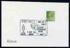Postmark - Great Britain 1975 card bearing illustrated cancellation for Derby County Kick Off in Europe, stamps on football, stamps on rams, stamps on sport