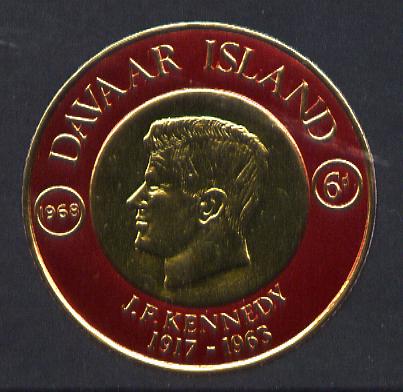 Davaar Island 1968 J F Kennedy 6d coin shaped in gold foil with background colour in red instead of green unmounted mint (as Rosen D119)