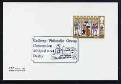 Postmark - Great Britain 1974 card bearing illustrated cancellation for Railway Philatelic Group Convention, Derby showing Narrow Guage Steam Loco, stamps on postal, stamps on railways