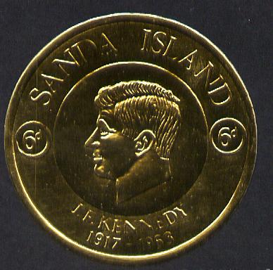 Sanda Island 1965 J F Kennedy 6d coin shaped in gold foil with background colour (mauve) omitted unmounted mint, stamps on kennedy, stamps on personalities