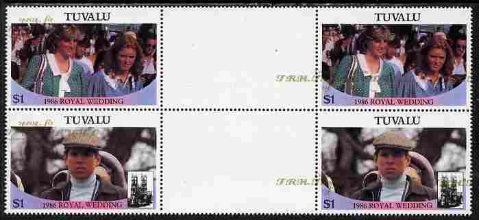 Tuvalu 1986 Royal Wedding (Andrew & Fergie) 60c with Congratulations opt in gold in unissued perf inter-paneau block of 4 (2 se-tenant pairs) with overprint misplaced & i..., stamps on royalty, stamps on andrew, stamps on fergie, stamps on 