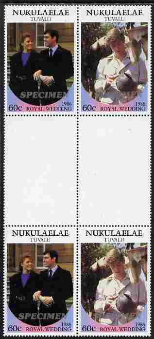 Tuvalu - Nukulaelae 1986 Royal Wedding (Andrew & Fergie) 60c perf inter-paneau gutter block of 4 (2 se-tenant pairs) overprinted SPECIMEN in silver (Italic caps 26.5 x 3 ..., stamps on royalty, stamps on andrew, stamps on fergie, stamps on 