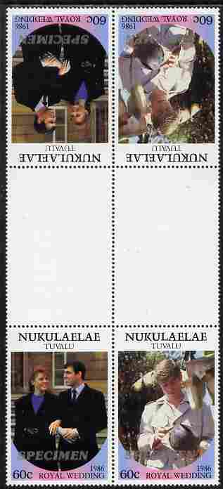 Tuvalu - Nukulaelae 1986 Royal Wedding (Andrew & Fergie) 60c perf tete-beche inter-paneau gutter block of 4 (2 se-tenant pairs) overprinted SPECIMEN in silver (Italic caps 26.5 x 3 mm) unmounted mint from Printer's uncut proof sheet, stamps on , stamps on  stamps on royalty, stamps on  stamps on andrew, stamps on  stamps on fergie, stamps on  stamps on 