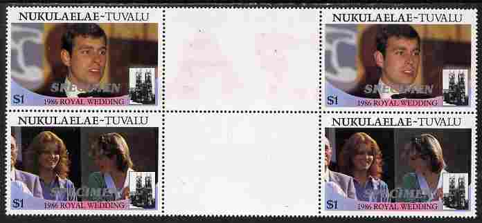 Tuvalu - Nukulaelae 1986 Royal Wedding (Andrew & Fergie) $1 perf inter-paneau gutter block of 4 (2 se-tenant pairs) overprinted SPECIMEN in silver (Italic caps 26.5 x 3 m..., stamps on royalty, stamps on andrew, stamps on fergie, stamps on 