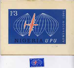 Nigeria 1961 Admission into UPU superb piece of original artwork for 1s3d value probably by M Goaman, very similar to issued stamp, size 6.5x4 plus stamp-size black & white photographic reproduction, stamps on , stamps on  stamps on , stamps on  stamps on  upu , stamps on  stamps on 