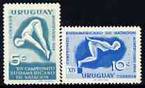 Uruguay 1958 South American Swimming Championships perf set of 2 unmounted mint, SG 1073-74, stamps on , stamps on  stamps on sport, stamps on  stamps on swimming, stamps on  stamps on diving