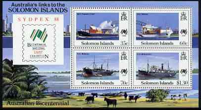 Solomon Islands 1988 Bicentenary of Australian Settlement & Sydpex 88 Stamp Exhibition perf m/sheet unmounted mint, SG MS 630, stamps on stamp exhibitions, stamps on ships