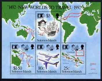 Solomon Islands 1992 500th Anniversary Discovery of America by Columbus (& Stamp Expo) perf m/sheet unmounted mint, SG MS 732, stamps on explorers, stamps on columbus, stamps on maps, stamps on ships, stamps on aviation, stamps on boeing, stamps on stamp exhibitions, stamps on 