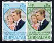 Gibraltar 1973 Royal Wedding set of 2 fine cds used, SG 323-24, stamps on royalty, stamps on anne, stamps on mark