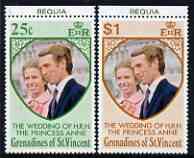 St Vincent - Grenadines 1973 Royal Wedding marginal set of 2 unmounted mint with BEQUIA printed in margin, stamps on , stamps on  stamps on royalty, stamps on  stamps on anne, stamps on  stamps on mark