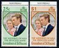 St Vincent - Grenadines 1973 Royal Wedding marginal set of 2 unmounted mint with MAYREAU printed in margin, stamps on , stamps on  stamps on royalty, stamps on  stamps on anne, stamps on  stamps on mark