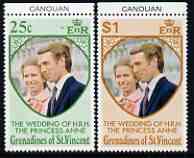 St Vincent - Grenadines 1973 Royal Wedding marginal set of 2 unmounted mint with CANOUAN printed in margin, stamps on , stamps on  stamps on royalty, stamps on  stamps on anne, stamps on  stamps on mark