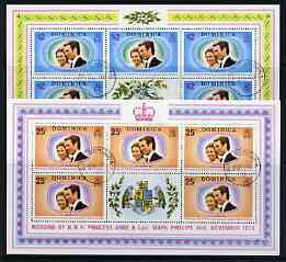 Dominica 1973 Royal Wedding set of 2 each in sheetlets of 5 plus label fine cds used, stamps on , stamps on  stamps on royalty, stamps on  stamps on anne, stamps on  stamps on mark