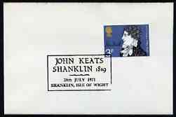 Postmark - Great Britain 1971 cover bearing special cancellation (and 3d stamp) for John Keats (poet), stamps on personalities, stamps on literature, stamps on poetry