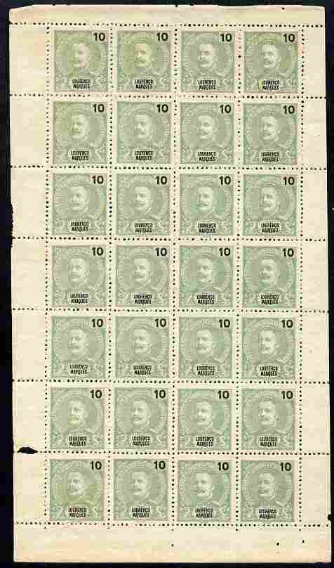 Lourenco Marques 1898-1901 King Carlos 10r green & black complete folded sheet of 28 without gum but scarce thus, as SG39, stamps on 