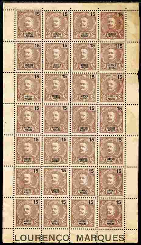 Lourenco Marques 1898-1901 King Carlos 15r chocolate & black complete folded sheet of 28 without gum but scarce thus, as SG 40, stamps on , stamps on  stamps on lourenco marques 1898-1901 king carlos 15r chocolate & black complete folded sheet of 28 without gum but scarce thus, stamps on  stamps on  as sg 40