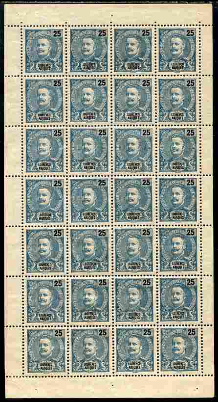 Lourenco Marques 1898-1901 King Carlos 25r blue-green & black complete folded sheet of 28 without gum but scarce thus, as SG 42, stamps on 