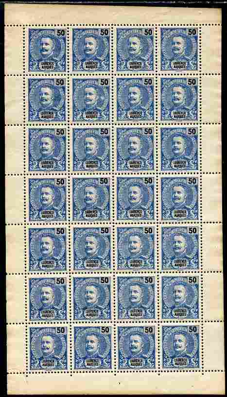 Lourenco Marques 1898-1901 King Carlos 50r blue & black complete folded sheet of 28 without gum but scarce thus, as SG 43, stamps on 